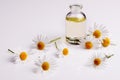 Chamomile essential oil on a white acrylic background