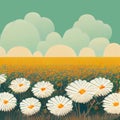 Chamomile field flat illustration. Abstract field with daisies. White daisies in the field. Digital illustration. AI Royalty Free Stock Photo