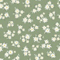 Chamomile floral mille fleur seamless pattern on green background. Small summer flowers in simple scandinavian cartoon