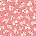 Chamomile floral mille fleur seamless pattern on pink background. Small summer flowers in simple scandinavian cartoon