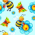 Chamomile flower seamless pattern, cartoon flying bees and butterflies with honey on a blue background.