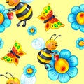 Chamomile flower seamless pattern, cartoon flying bees and butterflies with honey on yellow background.