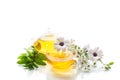 Chamomile flower tea in glass cup and teapot, on white background. Royalty Free Stock Photo