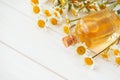 Chamomile flowers and cosmetic bottles of essential extract on white wooden background. Flat lay. Top view. Copy space Royalty Free Stock Photo