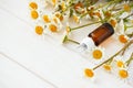 Chamomile flowers and cosmetic bottles of essential oil on white wooden background. Flat lay. Top view. Copy space Royalty Free Stock Photo