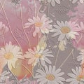 Chamomile flowers textured 3d seamless pattern. Floral embossed watercolor pink background. Grunge dirty modern backdrop. Line art