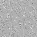 Chamomile flowers textured 3d seamless pattern. Floral embossed white background. Grunge dirty modern backdrop. Doodle line art