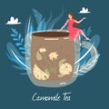 Chamomile herbal tea, cup of hot drink with leaves and tiny girl cartoon vector illustration, natural organic healing