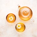 Chamomile herbal tea in a teapot and cups