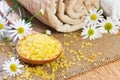 Chamomile salt in wooden spoon Royalty Free Stock Photo