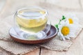 Chamomile tea in glass cup, chamomile flowers on background