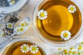 Chamomile Tea in a Glass Teacups Close Up on a Wooden Kitchen Table Royalty Free Stock Photo