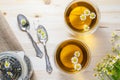 Glasses of Chamomile Tea on a Wooden Kitchen Table, Close Up, Top View Royalty Free Stock Photo