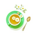 Chamomile tea in cup isolated on white background.