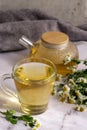 Chamomile tea. Herbal tea. Glass cup with warm fragrant chamomile tea