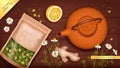 Chamomile tea package, Chinese cast iron teapot, lemon and ginger on a wooden table Royalty Free Stock Photo