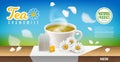 Chamomile tea poster. Herbal beverage advertising banner design. Realistic 3d meadow daisy flower, cup with hot drink Royalty Free Stock Photo