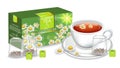 Chamomile tea Vector realistic. Product packaging mock up. Cup of tea and tea bags detailed 3d illustrations