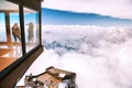 Chamonix, France - 4 April2019- Panoramic cube at Aiguille du Midi mountain in the Mont Blanc massif
