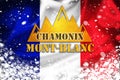 Chamonix-Mont-Blanc banner illustration on France flag and snow layer, famous ski destination