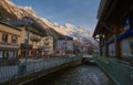 Chamonix-Mont-Blanc town at sunset, France Royalty Free Stock Photo