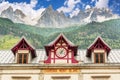 Chamonix Mont blanc train station, les Aiguilles de Chamonix in the backgound, The Alps France Royalty Free Stock Photo