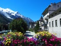 CHAMONIX MONT BLANC village with high alpine mountains range landscape in french ALPS Royalty Free Stock Photo