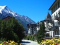 CHAMONIX MONT BLANC village with high alpine mountains range landscape in french ALPS Royalty Free Stock Photo