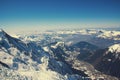 Chamonix valley panoramic aerial view from Aiguille du Midi mountain peak. Popular touristic destination. Royalty Free Stock Photo