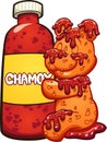 Gummy bear hugging a bottle of chamoy sauce