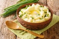 Champ is an Irish dish Mashed potatoes with green onions close up in the bowl. Horizontal Royalty Free Stock Photo