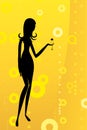 Champagne background with bubbles and girl in orange tones