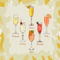 Champagne, Bellini, Mimosa, Kir Royale, French 75, Aperol Spritz cocktail illustration. Alcoholic classic bar drink hand drawn