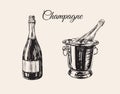 Champagne Bottle Bucket Hand Drawing Vector Illustration Bubbles. Alcoholic Drink