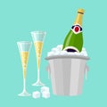 Champagne bottle in bucket with ice and glasses of champagne, flat glasses of wine Royalty Free Stock Photo