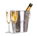 Champagne bottle in bucket with ice and glasses of champagne Royalty Free Stock Photo