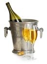 Champagne bottle with bucket ice and glasses of champagne, isolated on white. Festive still life. Royalty Free Stock Photo