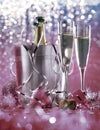 Champagne bottle in bucket with ice and glasses of champagne on dark background. Celebration theme with champagne