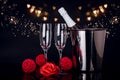 Champagne bottle in bucket, two wine glasses and red rose Royalty Free Stock Photo