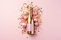 Champagne bottle with christmas decoration from confetti stars, golden balls and party streamers on pink background. Flat lay Royalty Free Stock Photo