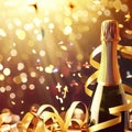 Champagne bottle with confetti stars, bokeh decoration and party streamers on golden background Royalty Free Stock Photo