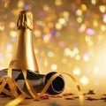 Champagne bottle with confetti stars, bokeh decoration and party streamers on golden background Royalty Free Stock Photo