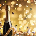 Champagne bottle with confetti stars, bokeh decoration and party streamers on golden background Royalty Free Stock Photo