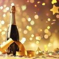 Champagne bottle with confetti stars, bokeh decoration and party streamers on golden background Royalty Free Stock Photo