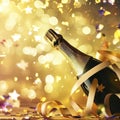 Champagne bottle with confetti stars, bokeh decoration and party streamers on golden background Royalty Free Stock Photo