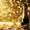 Champagne bottle with confetti stars, bokeh decoration and party streamers on golden background Royalty Free Stock Photo