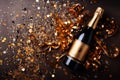 Champagne bottle with confetti stars, holiday decoration and party streamers on gold festive background Royalty Free Stock Photo