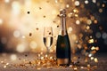 Champagne bottle with confetti stars, holiday decoration on gold festive background,Generative AI Royalty Free Stock Photo