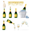 Champagne bottle cork explosion and glasses vector flat icons set Royalty Free Stock Photo