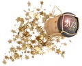 Champagne bottle cork popping above golden stars explosion Royalty Free Stock Photo